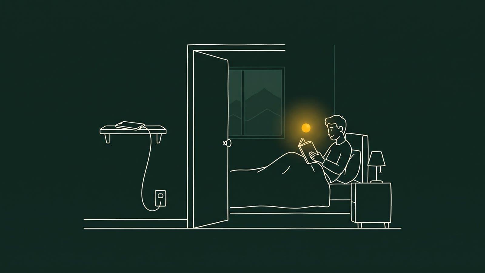 A line drawing of a phone charging on a hallway shelf while someone reads in bed through the open bedroom door, lit by a small gold glow.