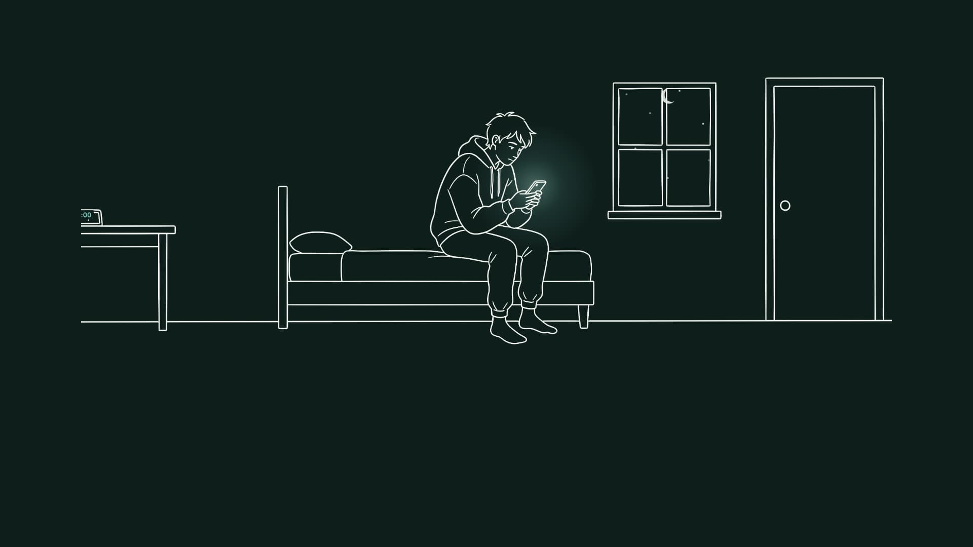 A line drawing of someone sitting on the edge of their bed at night, face lit by a phone, beside a dark window and a closed door.
