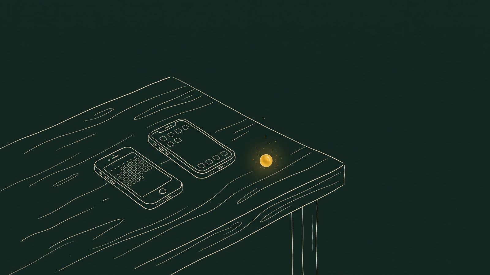 A line drawing of two phones face up on a wooden desk, one showing a calendar and one a plain home screen.