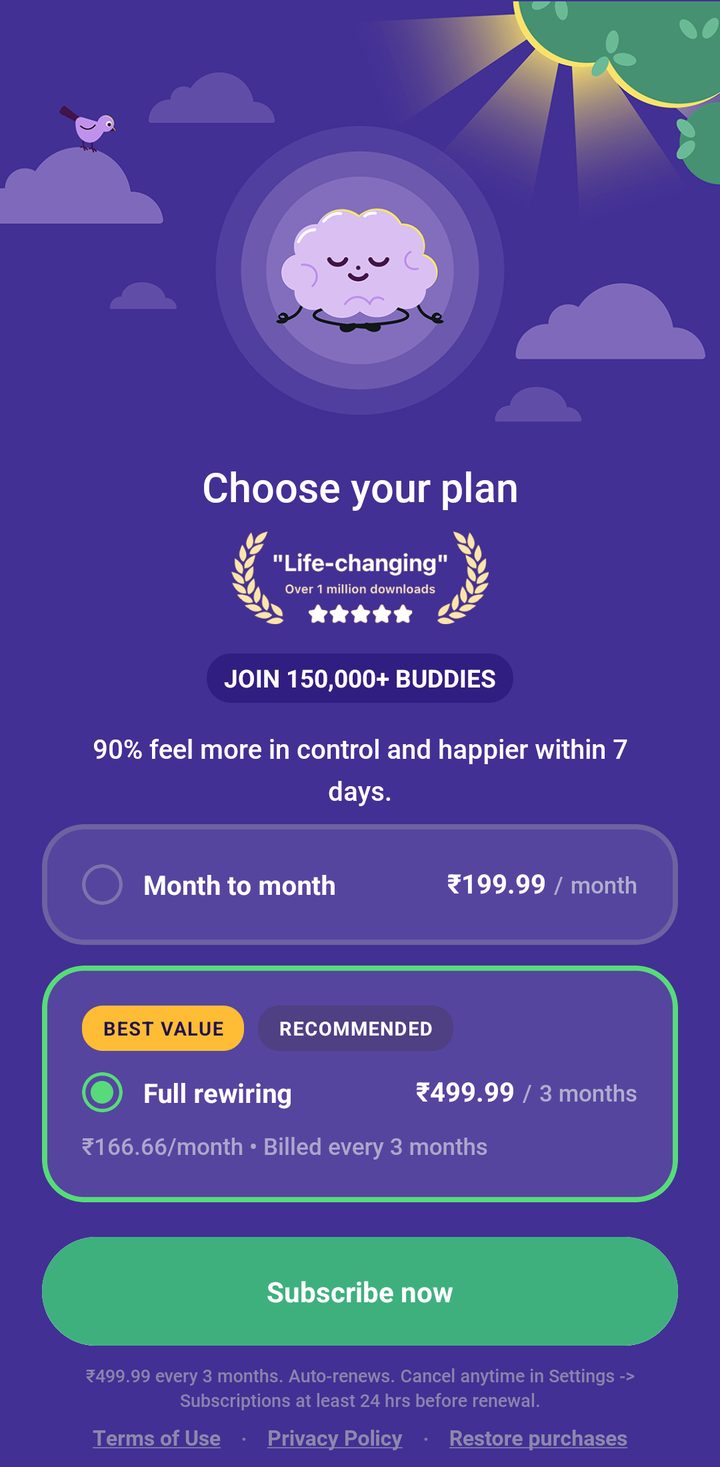 Brainbuddy's paywall after about 18 minutes of setup. It has no close button.