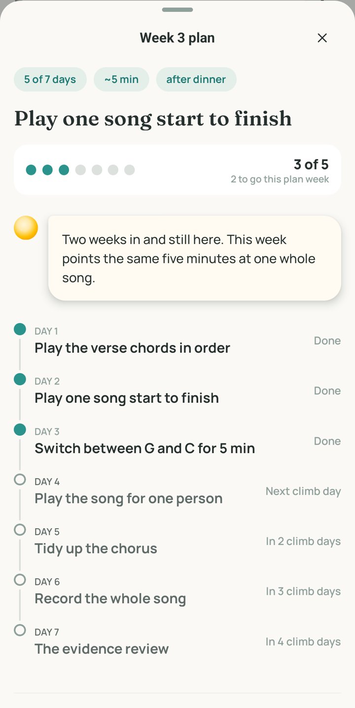 A week's plan in Sherpa: one small step a day, each with a set time