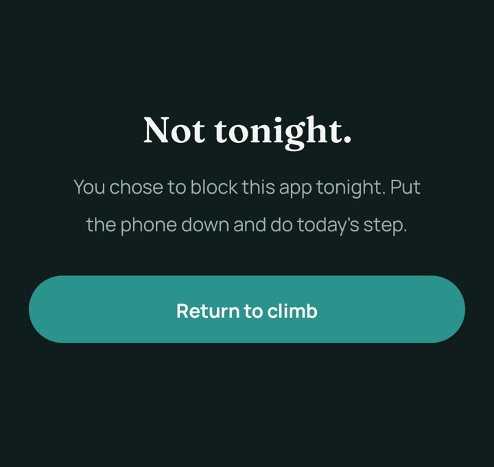 Sherpa's Shield screen: "Not tonight." with a button back to today's step